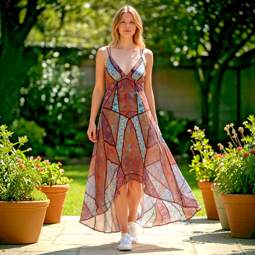 Tart Collections Geometric Print High-Low Maxi Dress Multicolor Boho Large 8-12